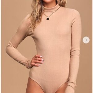 Lulus Wilde Beige Ribbed Long Sleeve Mock Neck Bodysuit